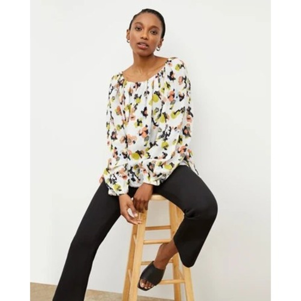 M.M.LaFleur Camilla Top Women XS White Meadow Print Linen Viscose Blouse